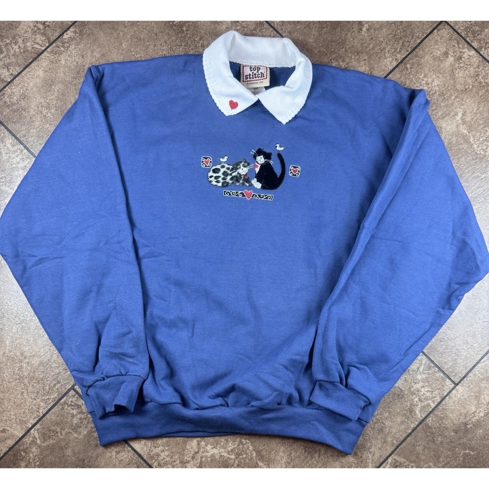 Top Stitch by Morning Sun Cat Heart Embroidered Double Collar Sweatshirt Blue L